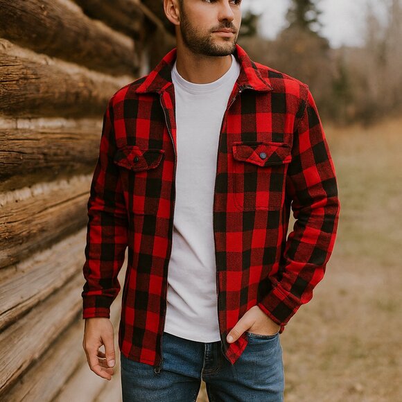 Vintage Girbaud Flannel Shacket Red Black Buffalo Plaid Zip USA Made Men M - Picture 1 of 9